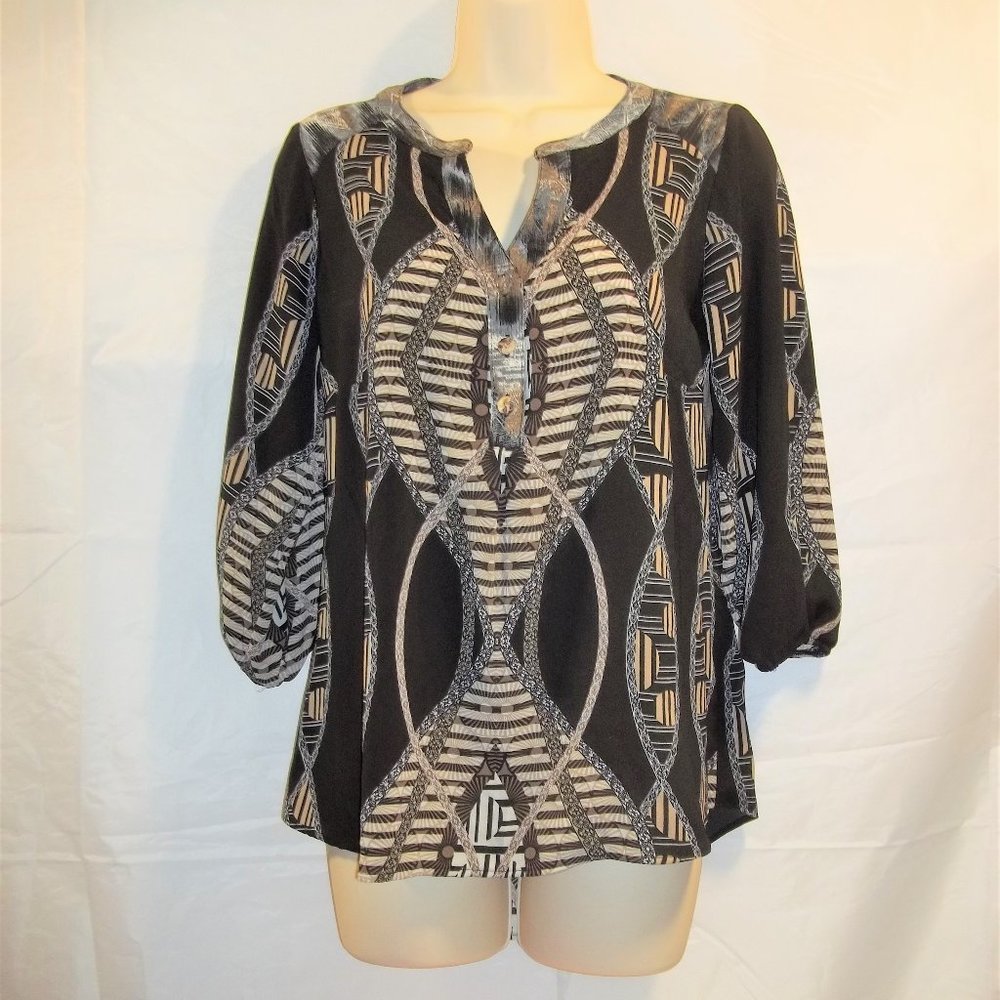Figueroa & Flower Womens Top Blouse Size PS Hi-Lo Sheer Geometric V-Neck Black